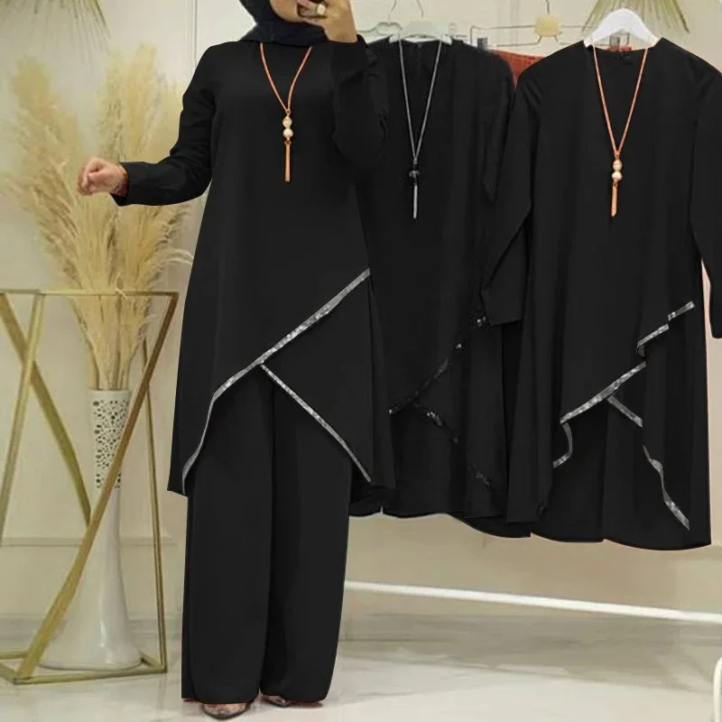 Feminino eid musulman conjunto muçulmano conjuntos blusas sólidas calças de perna larga ramadan marrocos duas peças dubai kaftan solto modesto