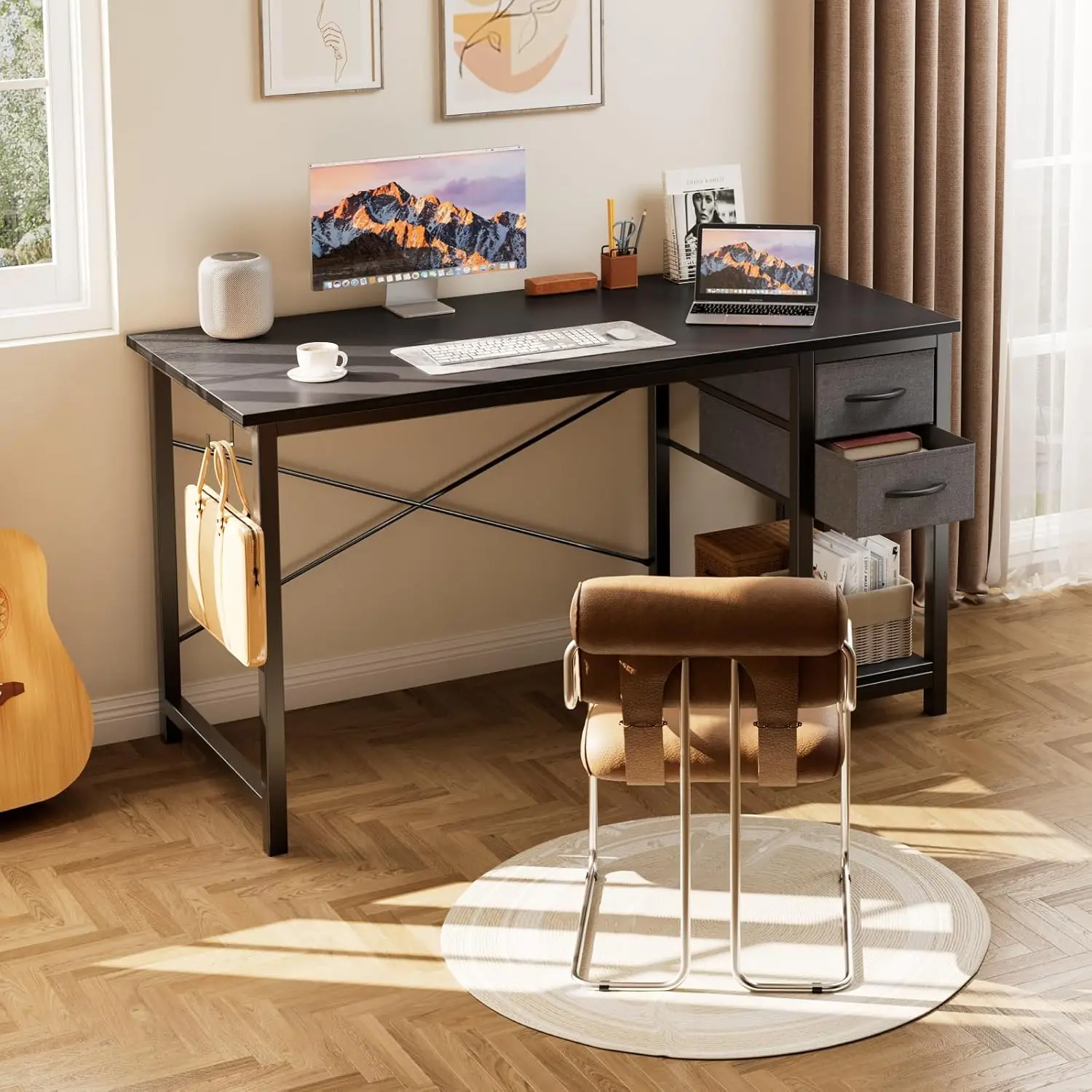 Black Home Office Writing Desk with Adjustable Drawers, X-Shaped Reinforcement and Side Hook