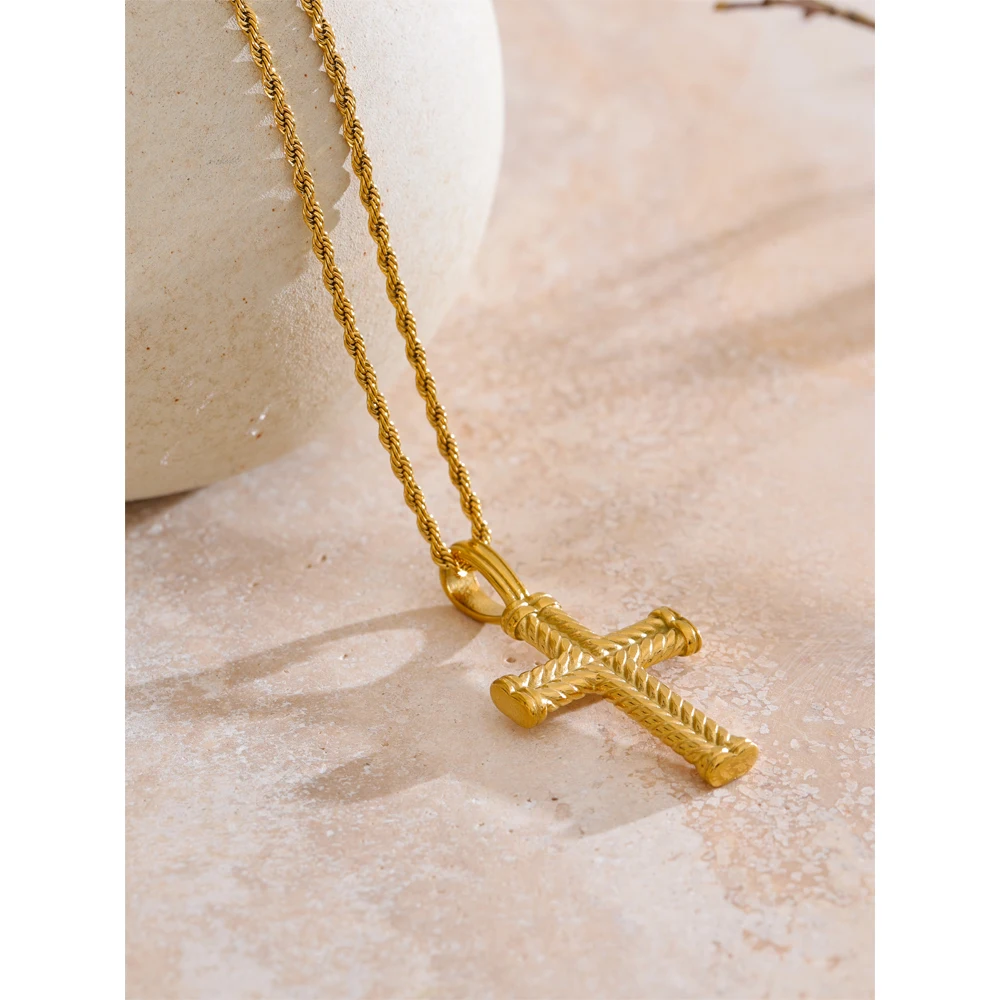 Yhpup Casting Stainless Steel Metal Cross Classic Necklace Pendant Waterproof Fashion Golden PVD Plated Collar Jewelry New