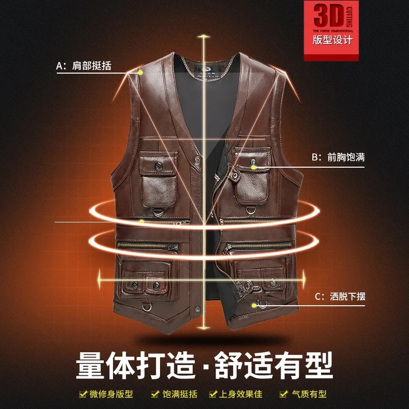 2024 Men's Leather Multi-Pocket Vest Autumn and Winter Warm First Layer Cowhide Vest