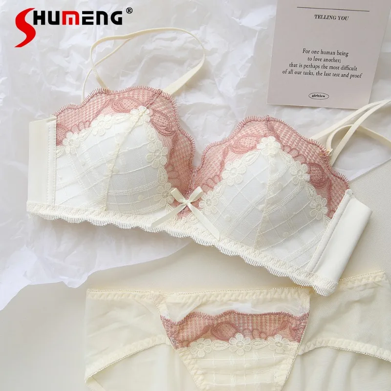 

Embroidered Floral Lace Girl Underwear Set Women's Wireless Small Chest Push Up Sexy Bra Set Female Japanese Sexy Brief Suits