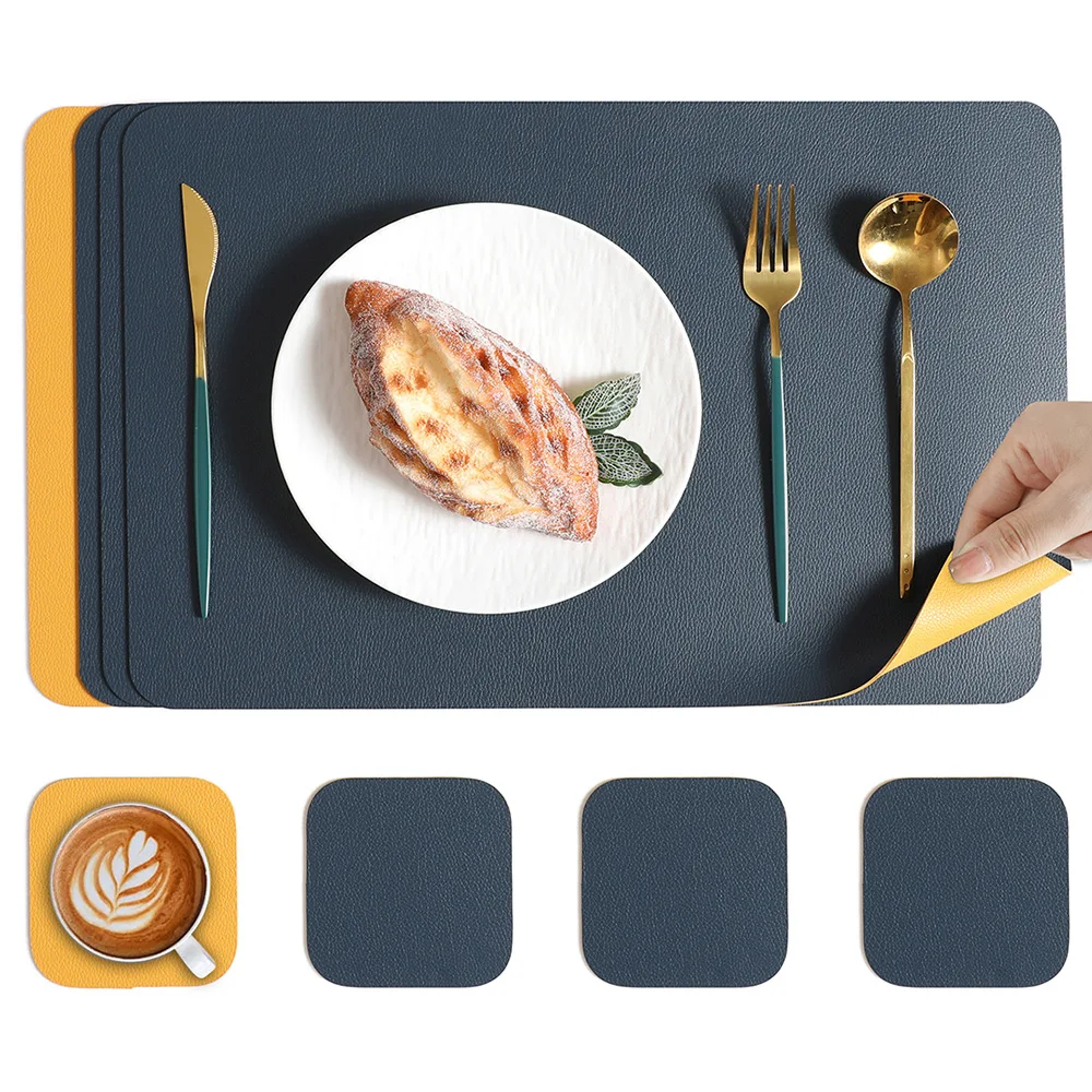 6/4pcs Leather Placemat and Coaster Set Double-sided Lychee Patterned Placemat Hotel Restaurant Home Dining Table Decorative Mat