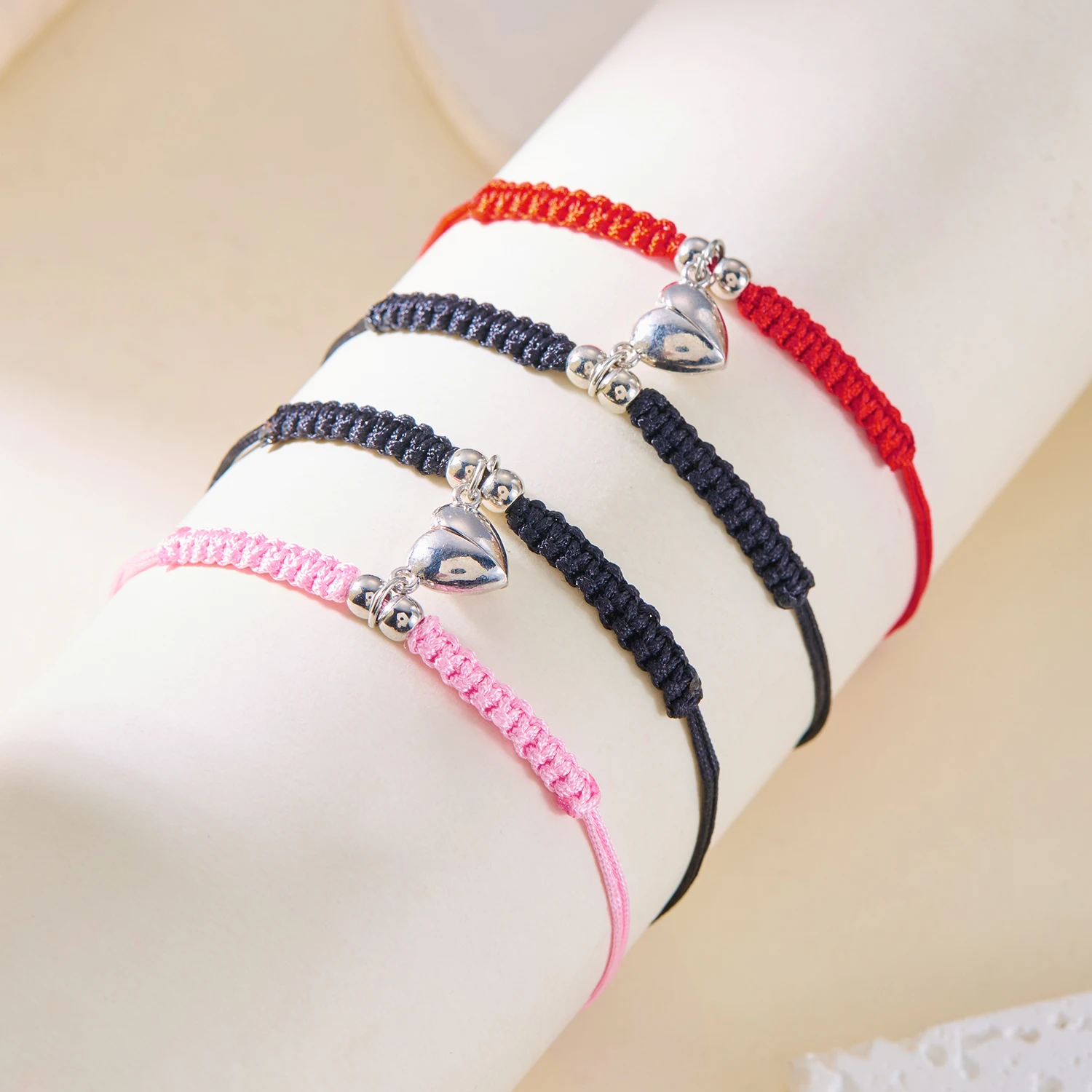 2-teiliges einfaches glückliches rotes Seil-geflochtenes Armband für Damen und Herren, romantisches Herz, magnetisches Paar, passende Armbänder, Freundschaftsschmuck – Detail 2