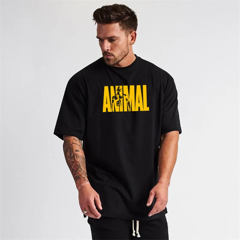 ANIMAL Letter Printed Summer Mens Oversized Half Sleeve T Shirt Cotton O Neck Casual Gym Clothing Fitness Loose Sports T-shirt