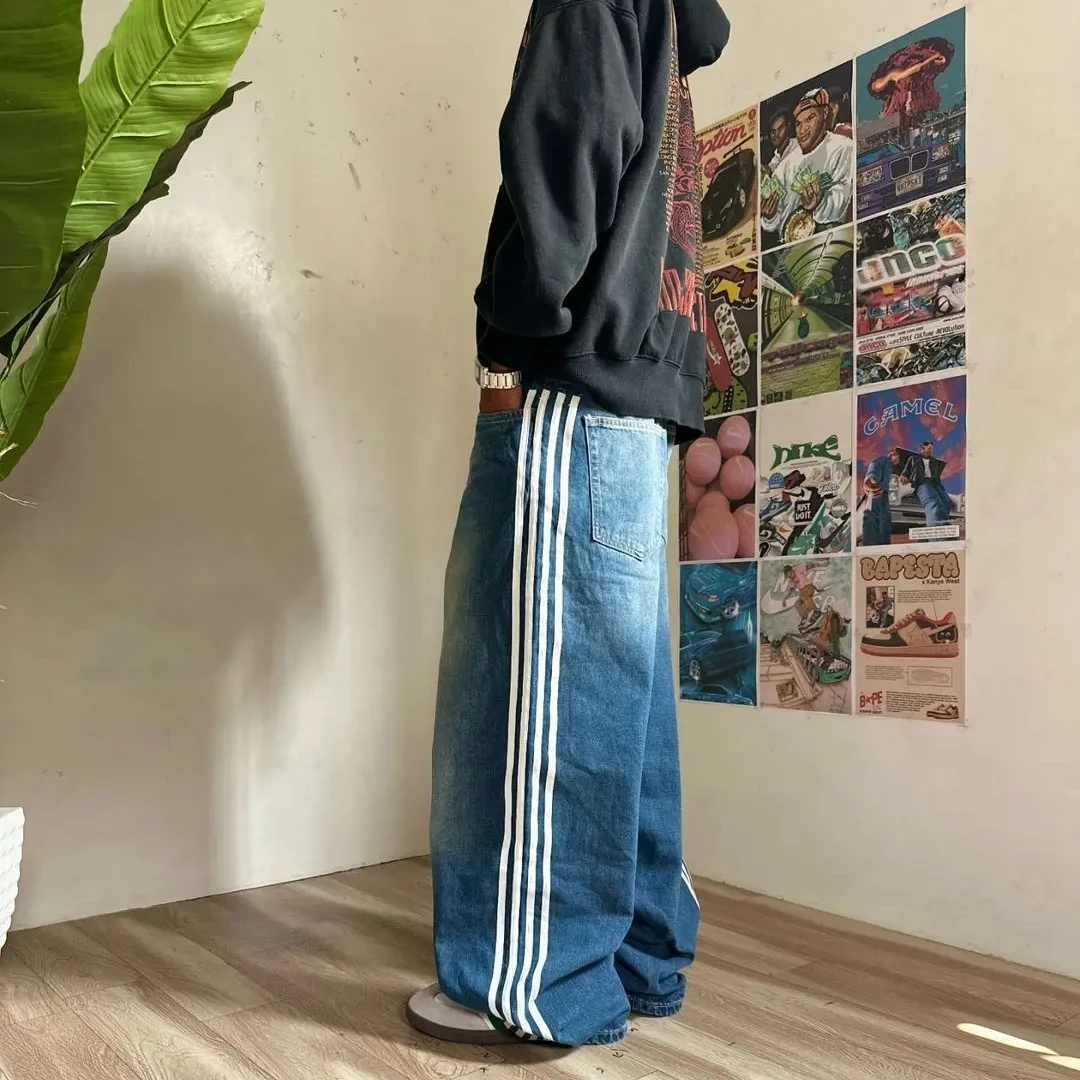 Simple Retro Y2K Harajuku Sports Striped Embroidered Washed Blue Jeans Men's Street Trend Loose Wide-leg Pants Skateboard Pants