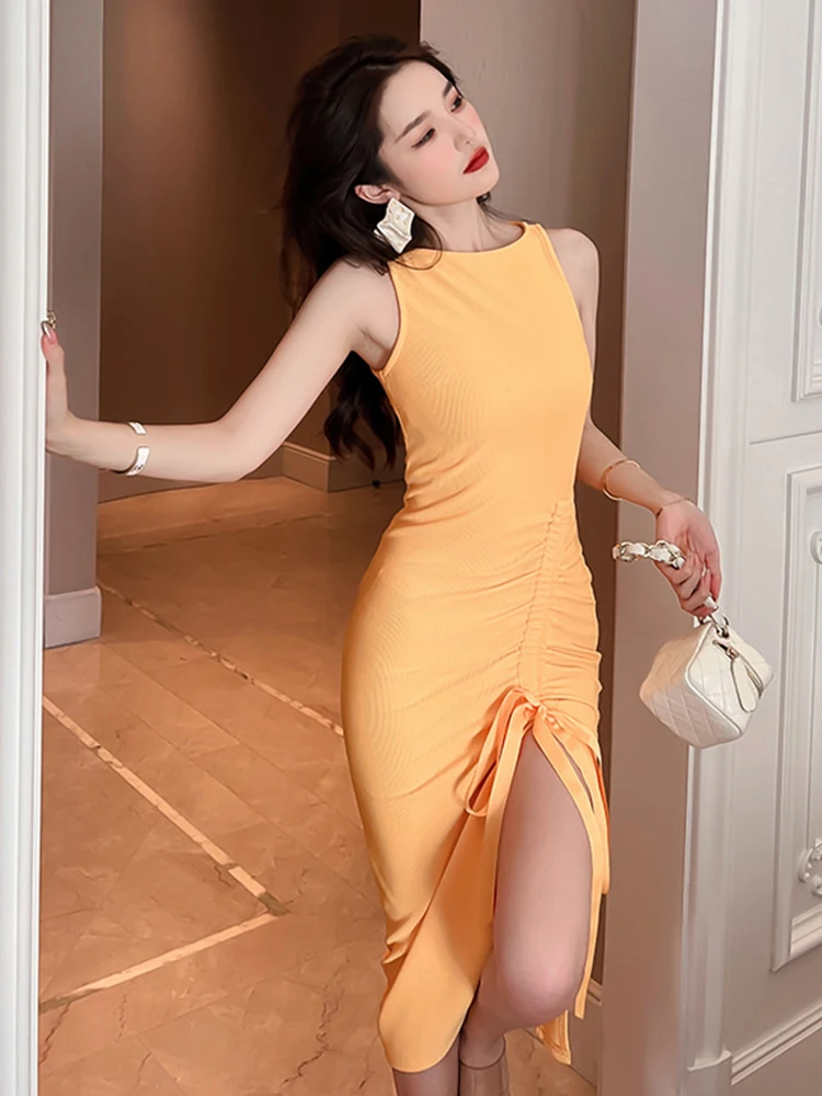 Casual Sweet Party Dresses for Women Chic Sexy Vest Skinny Bandage Folds Slit Robe Feminine Prom Holiday Club Vestidos Vacation