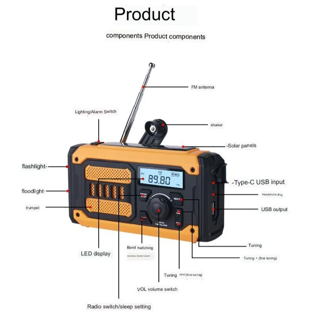 2000 mAh Solar-Notfallradio Handkurbel AM FM NOAA Tragbares Wetterradio Telefonladegerät Power Bank SOS Außenradio im Freien