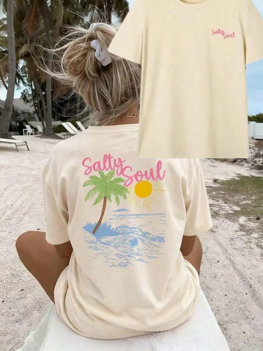 

Womens Summer Beach Print T-Shirt With Palm Tree And Sunshine Graphic Loose Casual Short Sleeve Top