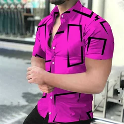 Men's Geometric Lines Solid Color Printed Shirt Short Sleeve Button Comfortable Men's Shirt Hawaii Business Leisure Vacation Top