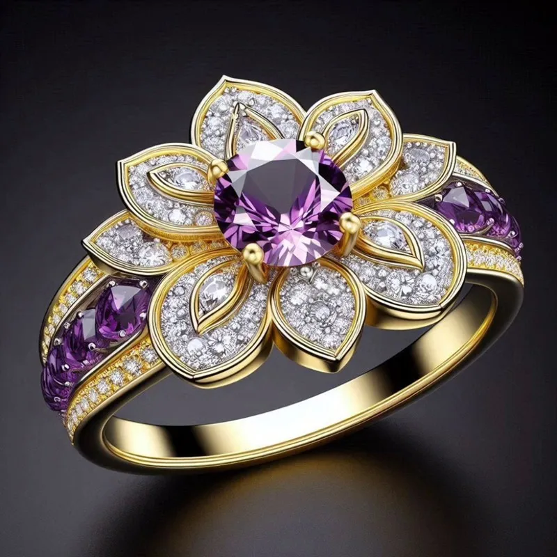 Huitan Goldfarbener Blumenring, bezaubernde lila Zirkonia-Accessoires für Verlobungszeremonien, modischer Partyschmuck