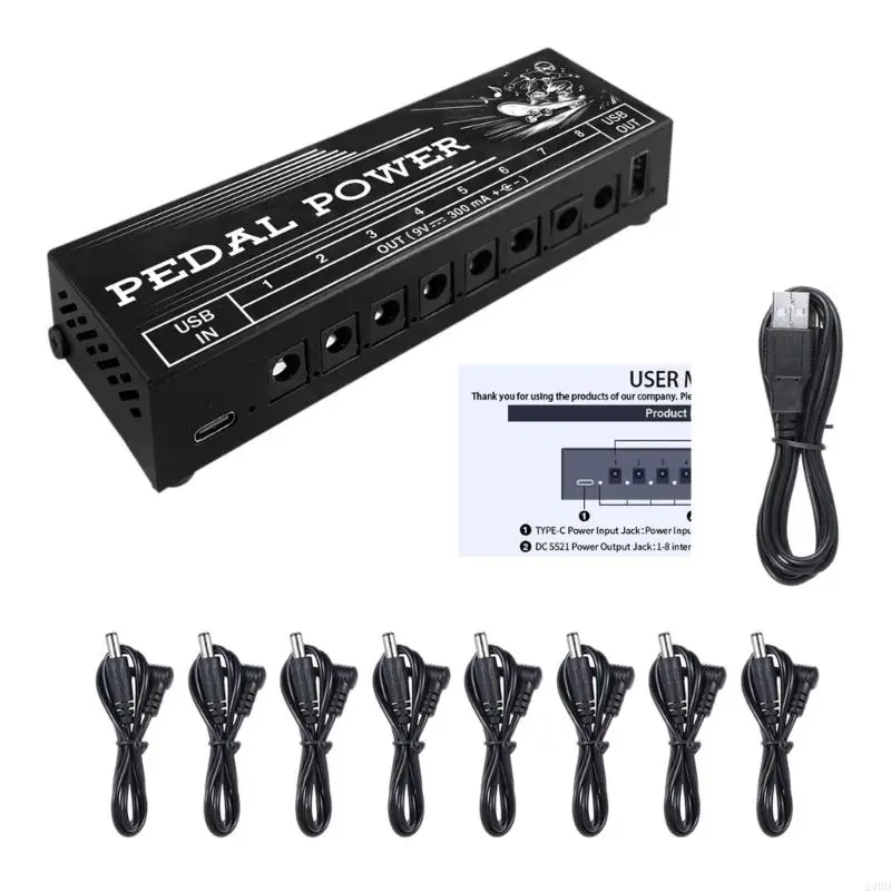 Guitar Pedal Power Supply with 8 Outputs, Type C Input and Side USB Port, Compact Metal Pedalboard Power Box for Practice 24BD