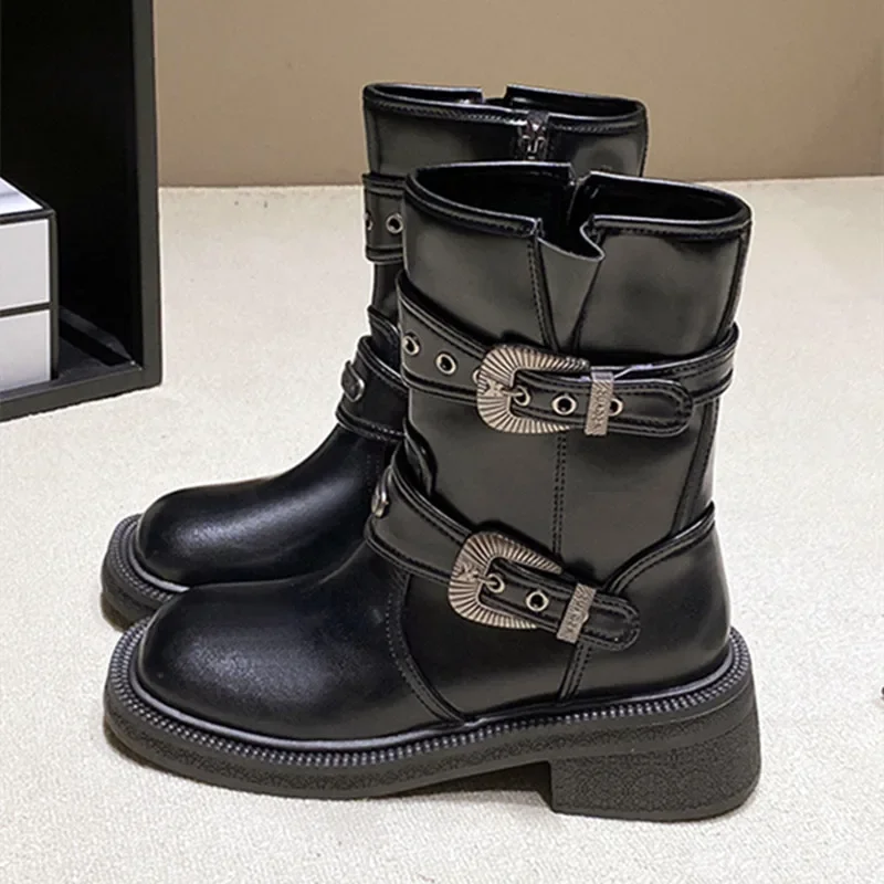 

New Fashion Leather PU Ankle Boots Women Belt Metal Buckle Side Zipper Design Knight Boots Luxury Women's Shoes Botas Para Mujer