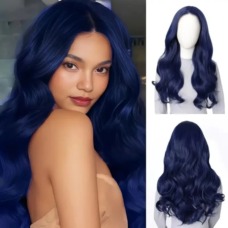 

New Deep Blue Long Wavy Hair Wig For Women Middle Part Synthetic Heat Resistant Cosplay Long Curly Wig Party Hairstyle