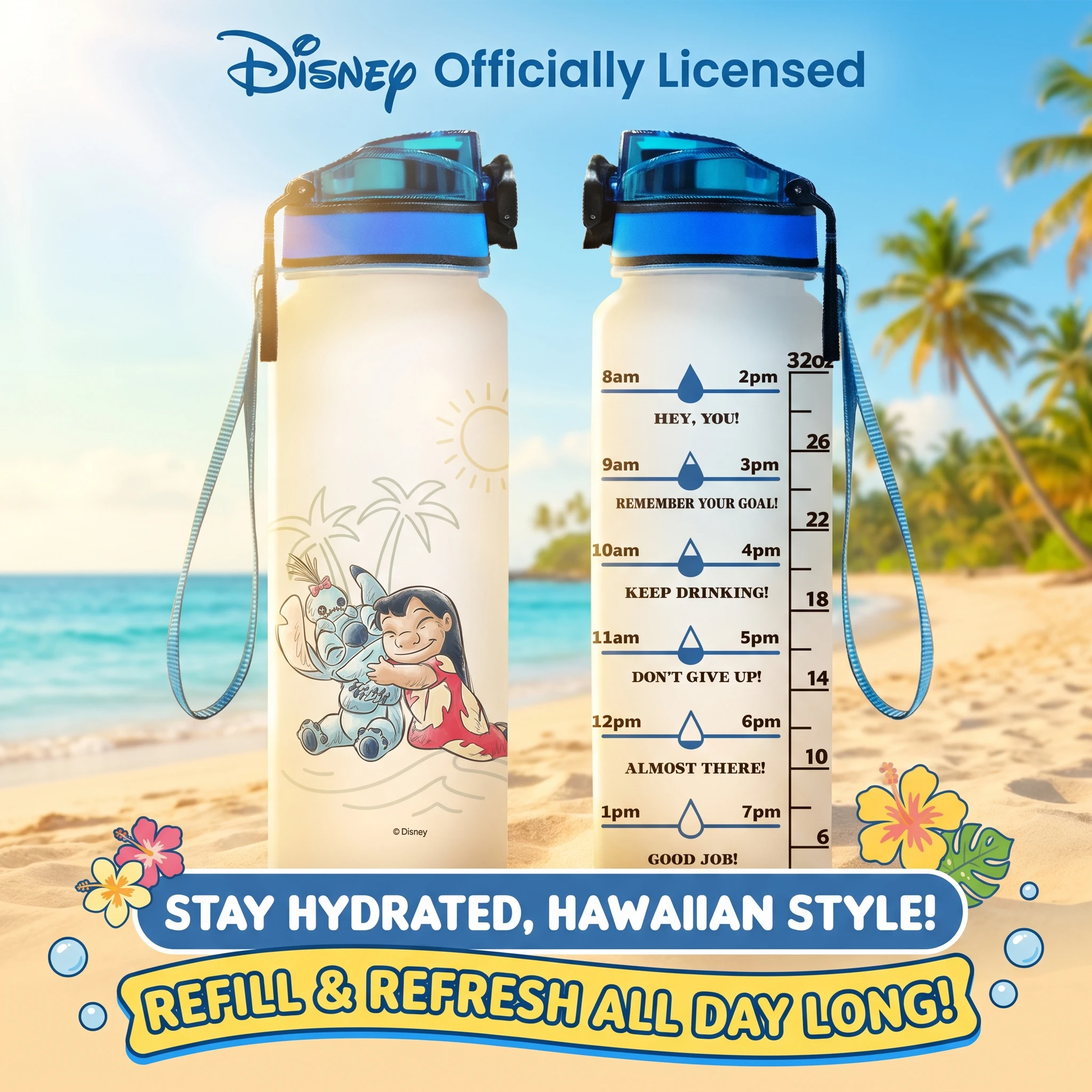 Bouteille d'eau Disney Lilo & Stitch, 32oz, anti-fuite, avec marqueur de temps, design motivant, pour les sports de plein air, la salle de sport, réutilisable, 1 pièce