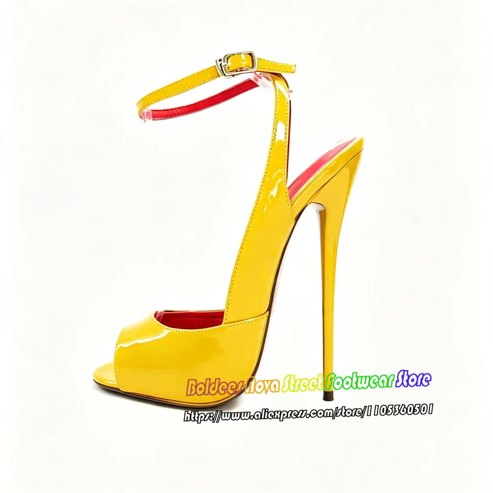 16cm Ultra High Heel Sandals Women Sexy Opne Toe Patent Leather Stilettos Slingback Buckle Strap Plus Size Party Dress Shoes