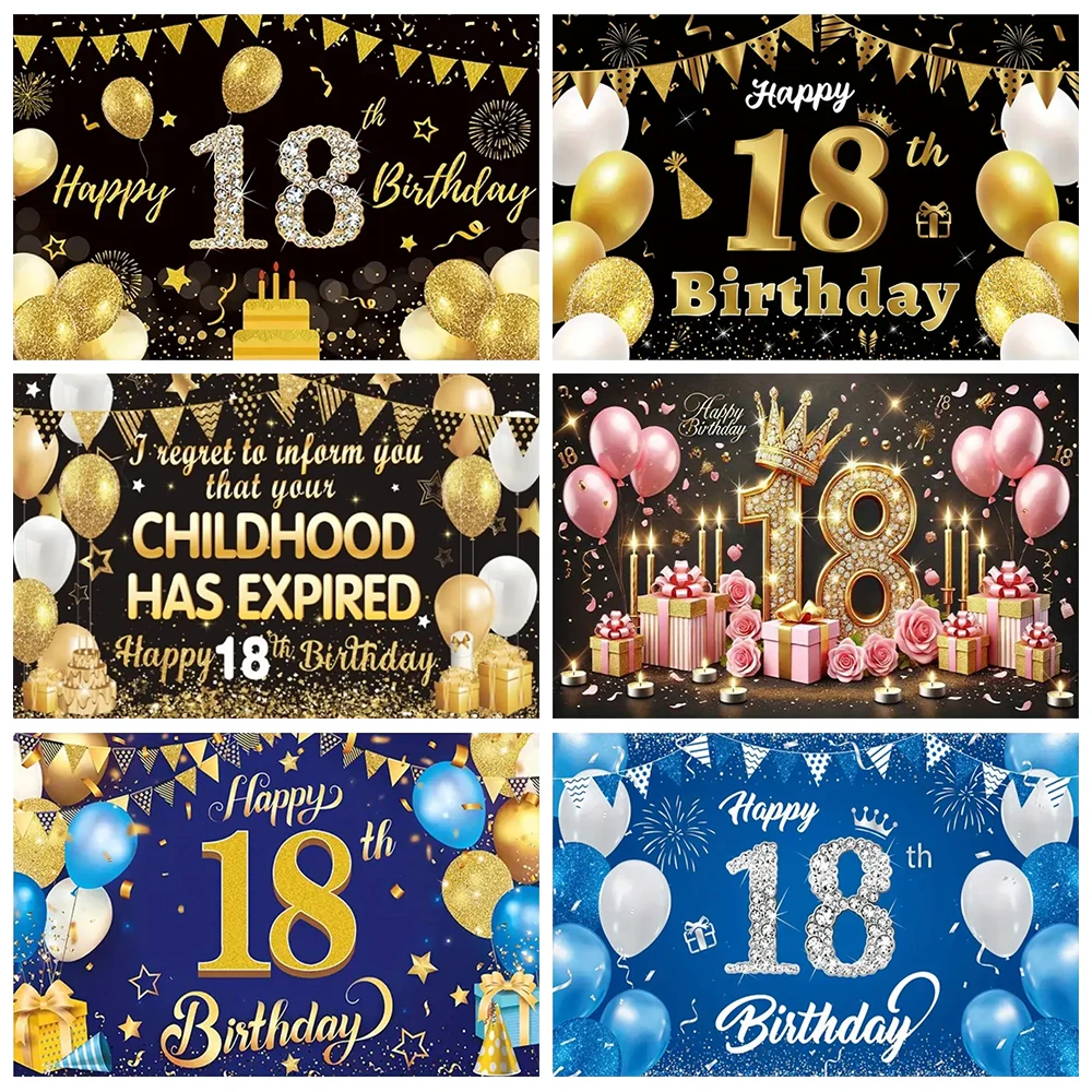 

18th Birthday Party Backdrop Black Gold Glitter Balloon Boys Girls 18 Years Old Birthday Bar Mitzvah Photography Background Gift