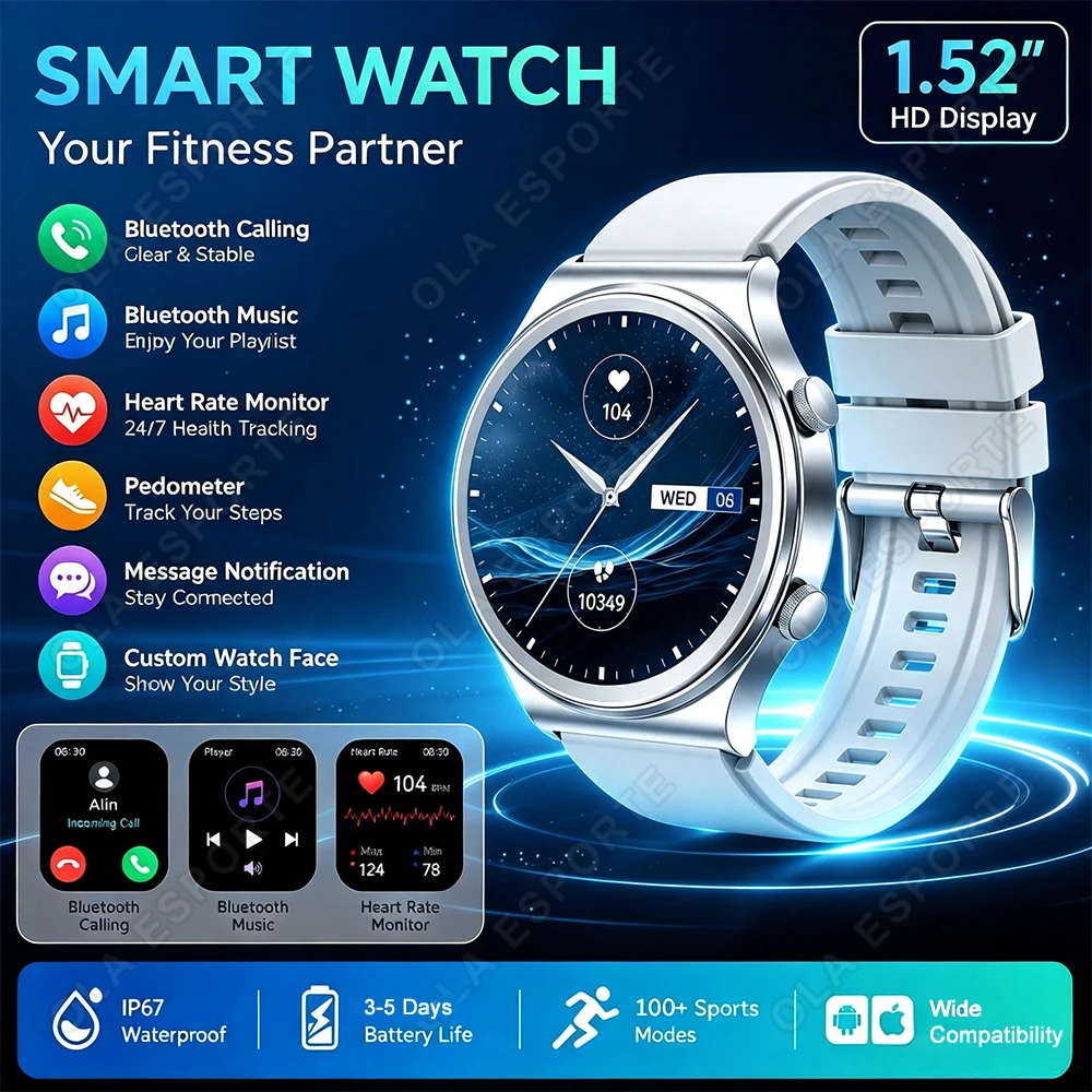 Sports Smart Watch Waterproof 1.52" Bluetooth Call Message Preview Heart Rate Blood Oxygen 100+ Exercise Modes Smartwatch HW12