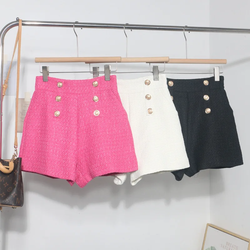 

Осенние и зимние двубортные шерстяные широкие шорты с высокой талией для женщин