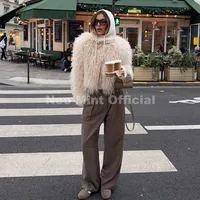 Cropped Faux Mongolia Sheep Fur Coat 8 Neo Mint Chic Street Girls Round Neck Faux Mongolia Sheep Fur Coat Women 2025 Winter Fluffy Warm Fur Jacket Cropped Outerwear 2