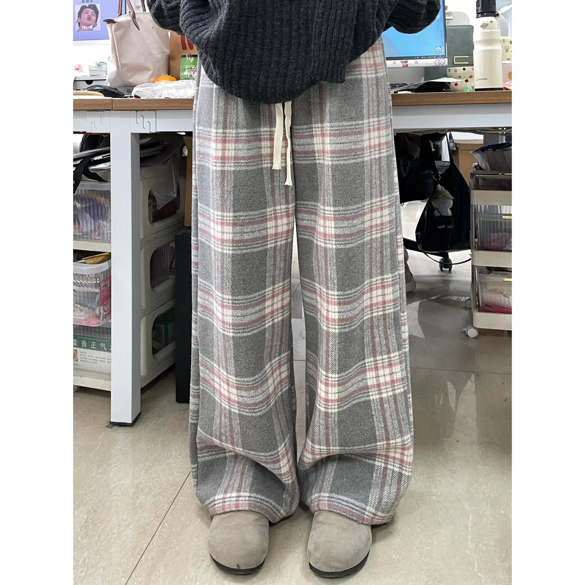 Luźne spodnie damskie z szerokimi nogawkami w kratę z wełny, plus size, proste, długie, jesienno-zimowe, modne, plus size.
