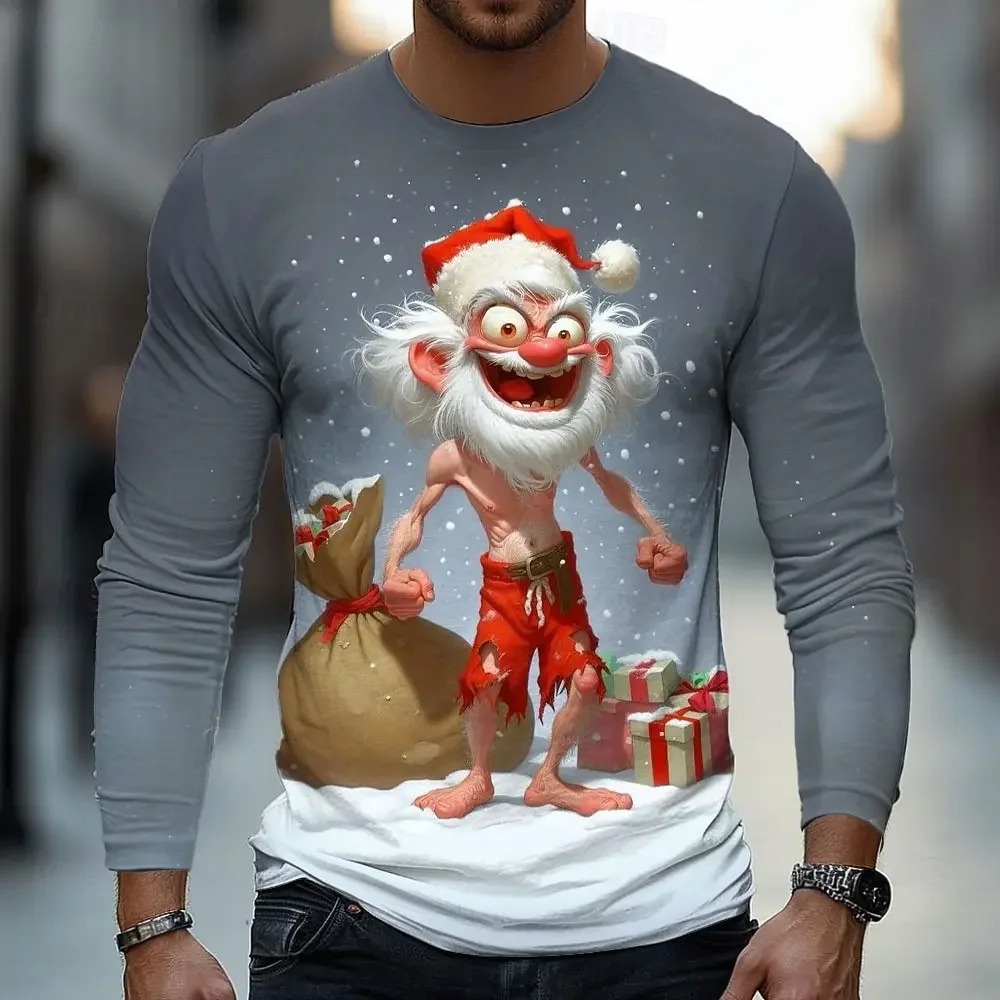 2026 Fall Winter Christmas Men's 3D Old Man Print Crew Neck Long Sleeve T-Shirts For Men Streetwear Casual Tops Funny Apparel