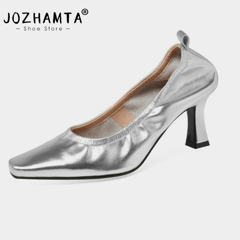 JOZHAMTA Size 34-39 Women Silver Pumps Real Leather High Heels Shoes 2025 Spring Fashion Slip On Party Office Lady Dress Pump