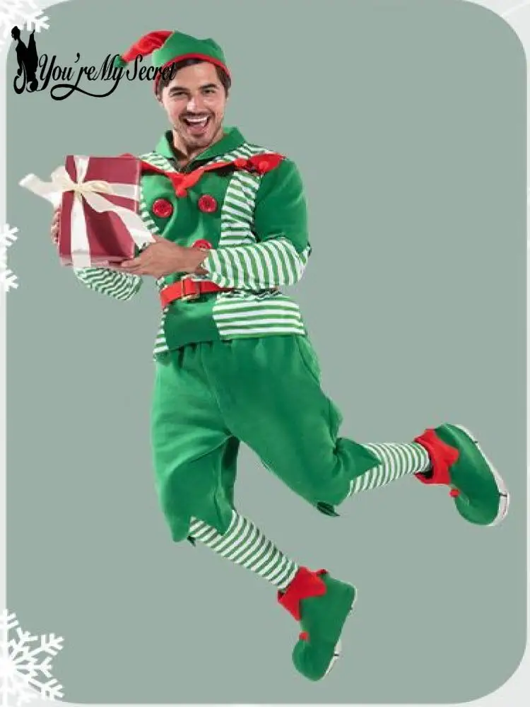 

[You're My Secret] New Christmas Costume Male Striped Christmas Cosplay Elf Men's Suit Holiday Party Rave Play Costume Xmas Gift