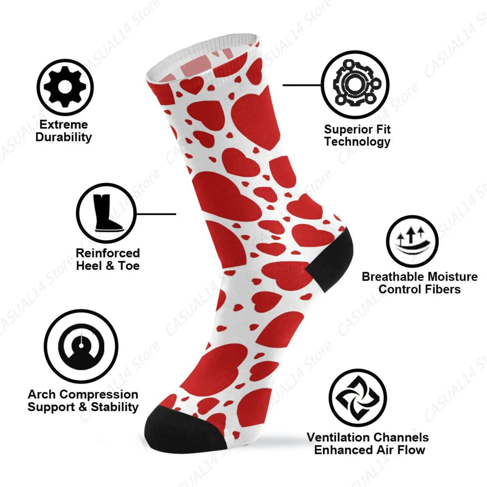 Hearts White Red Socks Women Men Valentine Stockings Unisex Sock For Running Athletic Hiking Cycling 1 Pair