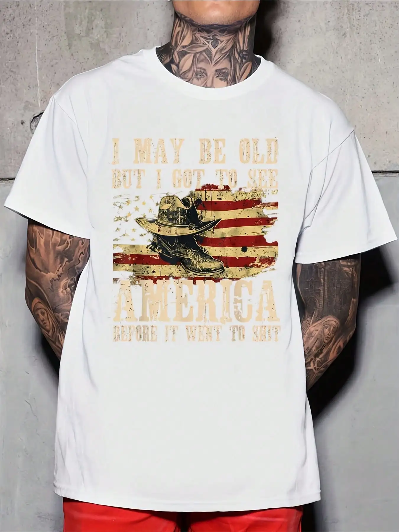 American Flag Cowboy Hat And Boot Print I May Be Old But I Got To See America Before It Went To Graphic Unisex Crewneck T Shirt For Casual Wear Patriotic Independence Day 220g