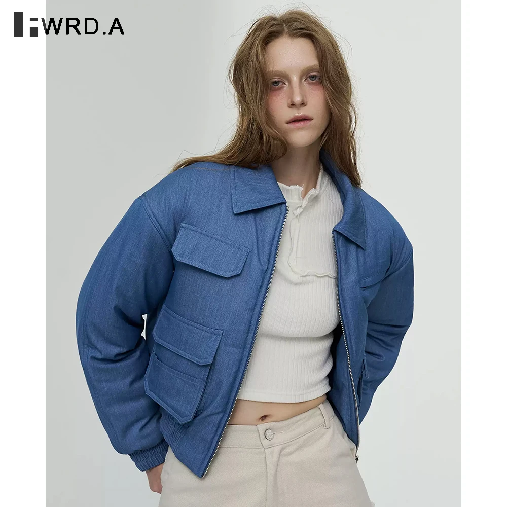 

FWRD Winter Blue Short Padded Jacket Women Imitation Denim Bread Coat with Turn-down Collar and Large Pockets #FWRD6066