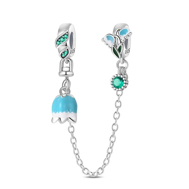 925 Sterling Silver Trendy Lily of the Valley Security Chain Charms Pendant Fit Original Bracelet DIY Women Birthday Mother Day