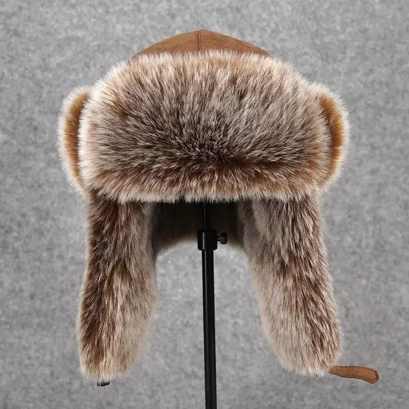 Winter Women Man Bomber Hat Russian Warm Thicken Rabbit Sheep Fur Earflap Hats Leifeng Windproof Snow Ski Hat Black Bomber Cap