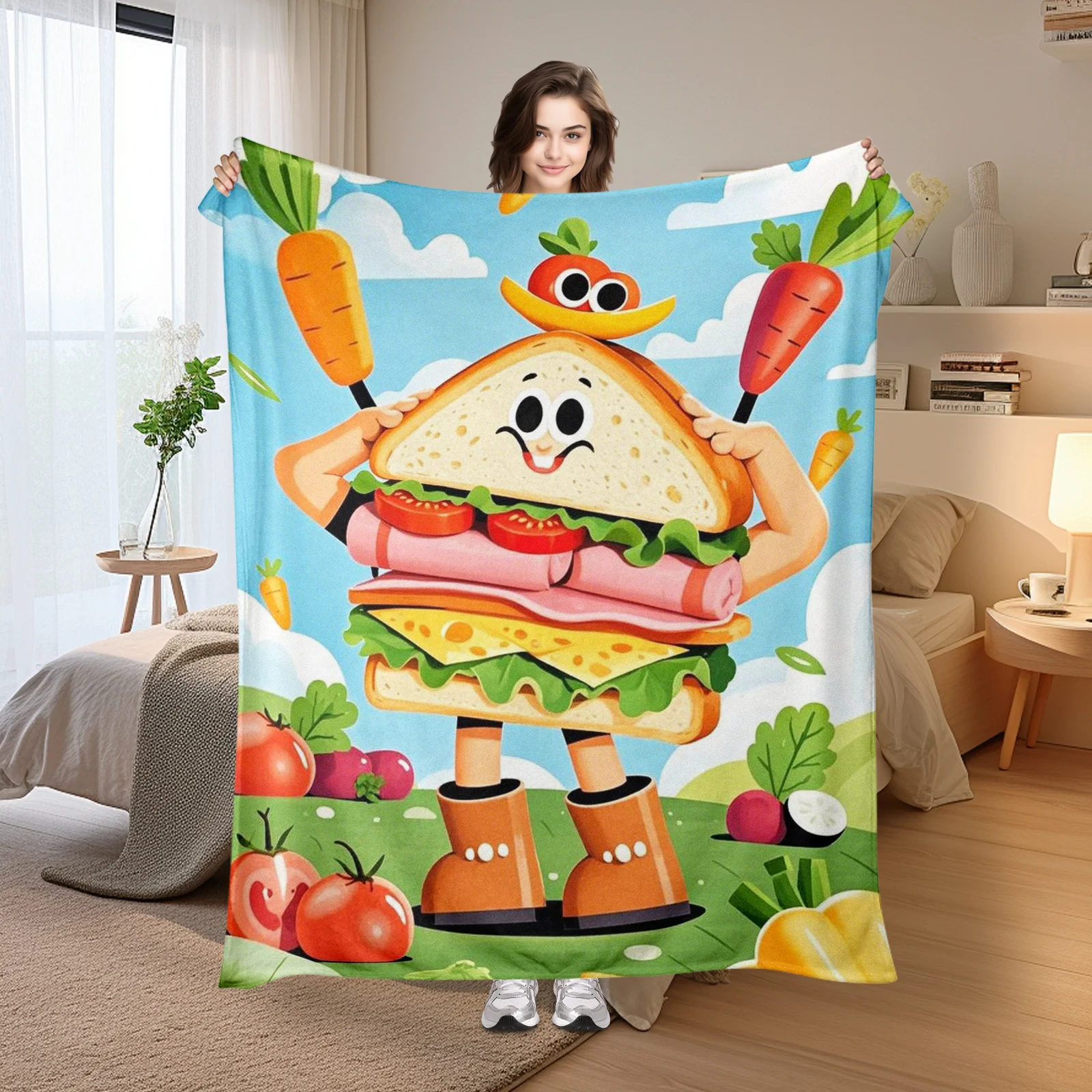 

Anthropomorphic Sandwich On Lawn With Cartoon Carrots Design Cozy Blanket Unique Gift Idea Warm Throw Home Decor Fun Theme