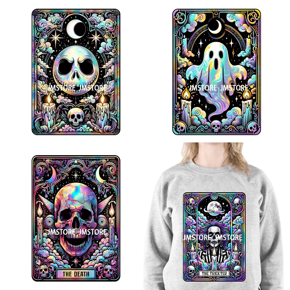 

Spooky Horror Halloween Designs Killer King Ghost Death Tarot Card DTF Iron On Transfer Stickers Ready To Press For T-shirt Bags