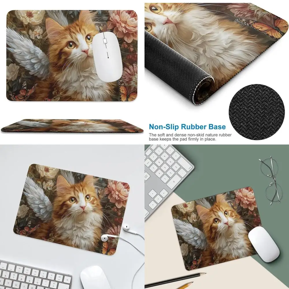 Mouse pad com design de gato alado laranja e branco – acessório de mesa compacto para escritório e laptop, base de borracha antiderrapante, adequado para