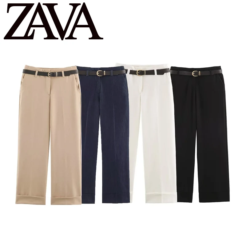 Fashionable Cuffed Pants with Belt Ladies Casual Trousers Polyester Material Natural Waist Spring Summer Collection