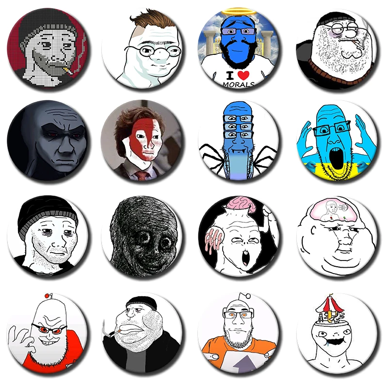 Creative Funny Wojak Meme Coin Brooches Cartoon Face Round Badges Pins on Clothes Bag Hat Accessories Jewelry Gifts for Friends