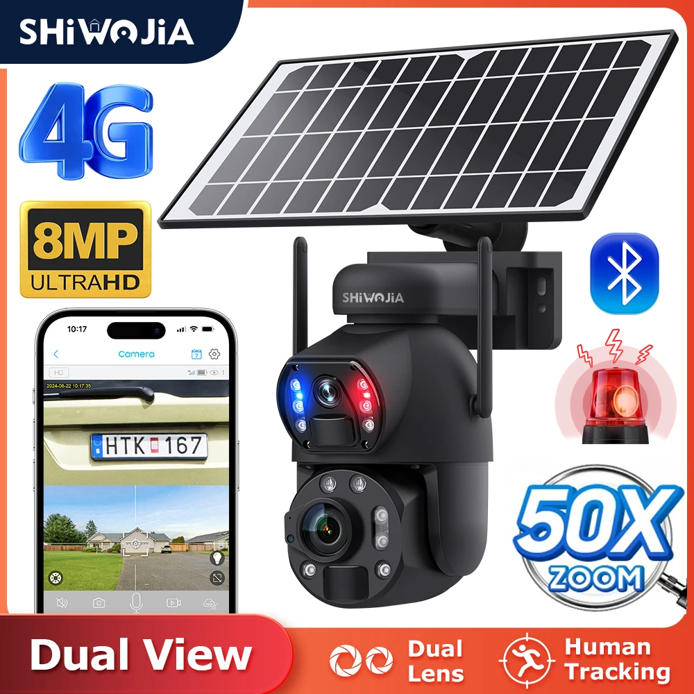 SHIWOJIA 4K 8MP Solar Powered Camera 4G SIM 50X ZOOM WIFI Battery Security Camera Dual Lens Recording Humanoid Tracking Video