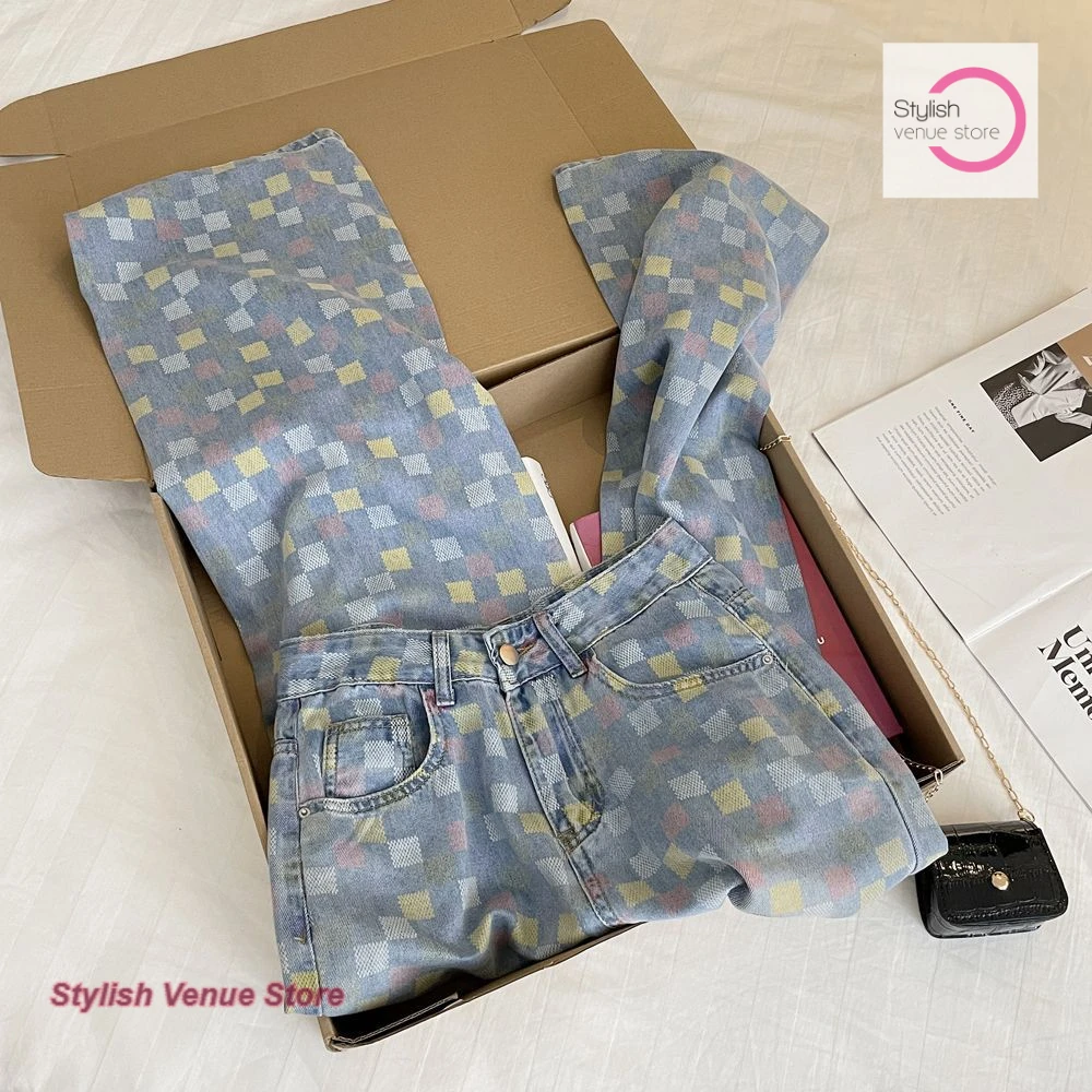 

Summer new checkerboard printed light blue wide-leg pants female American spice girl loose straight thin retro ins jeans.