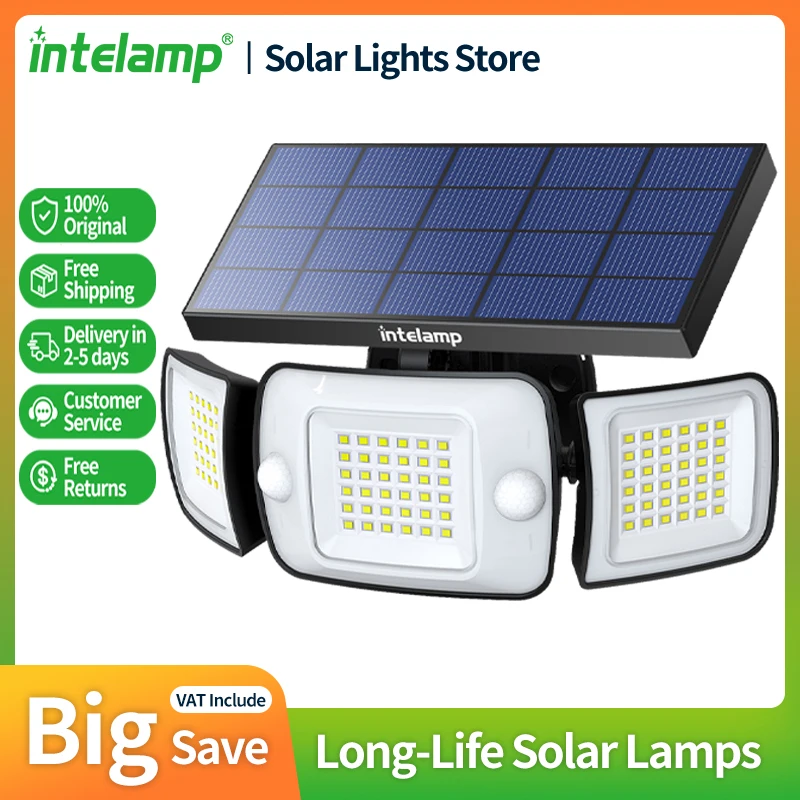 Lampe solaire extérieure Intelamp 6000 mAh, projecteur avec grand panneau solaire, 3 modes, deux capteurs de mouvement, lumière 6500K pour jardin, cour, garage