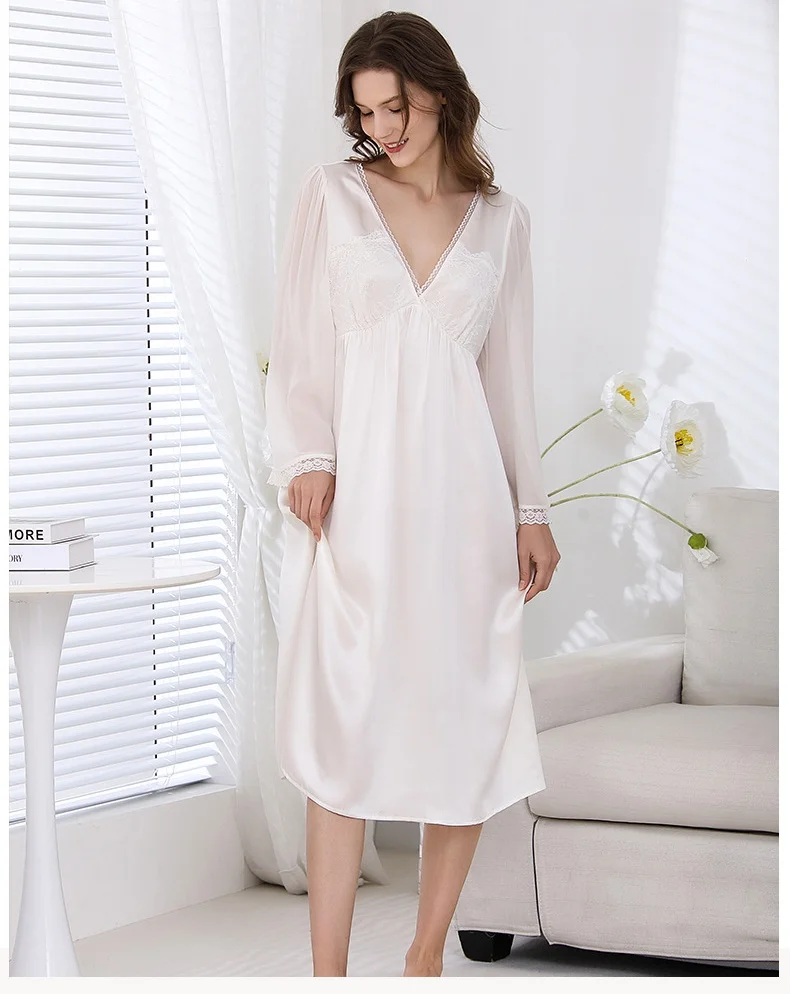 

Mulberry Silk Deep V Neck Nightdress See-through sleeves Satin Lingerie Summer Nightgown Lady Nighty Dress Nightgown Sleepwear