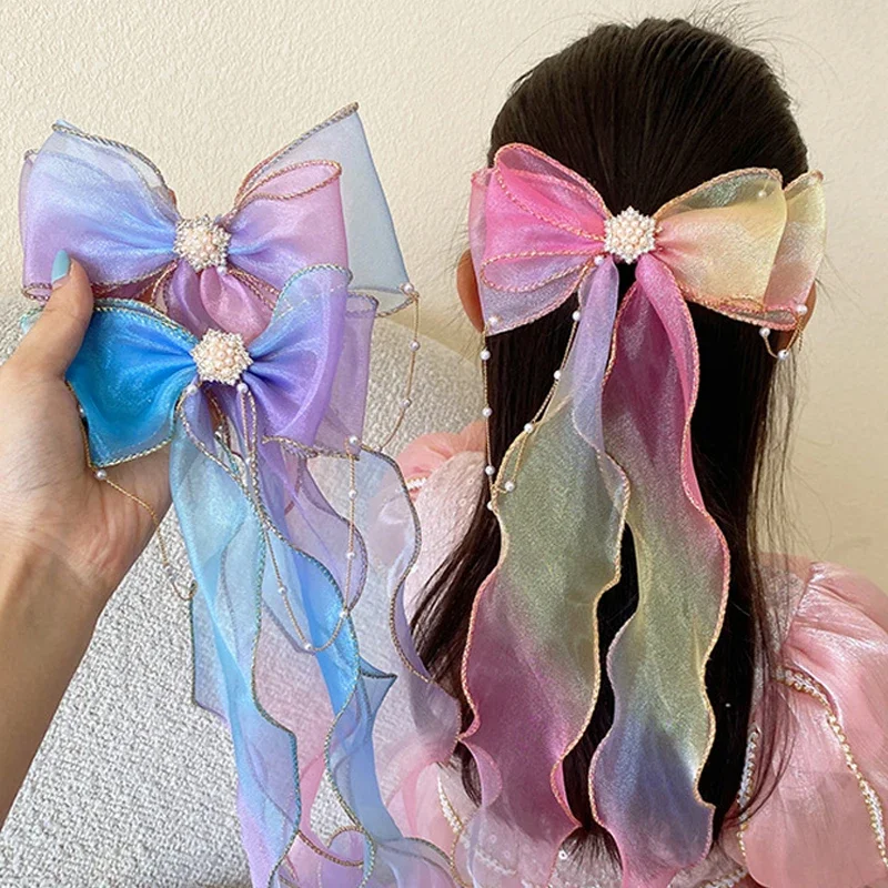 Fairy Chiffon Bow Hairpins Colorful Ribbon Hair Barrettes Children Hair Decoration Headband Princess Hairstyle Hair Accessories