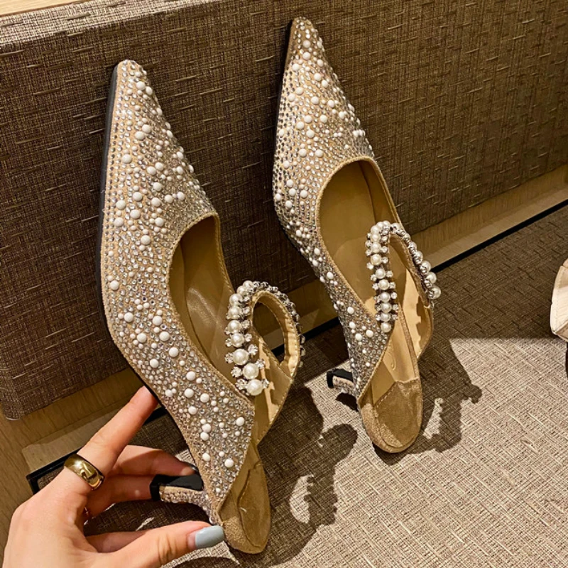 Rhinestone Luxury Sandals Women Pointed Toe High Heels Flip-flops Female Shiny Designer Slipper Women Fashion Mule Pumps Women