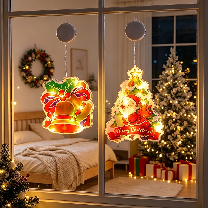 Christmas Suction Cup Window Lights LED Hanging Christmas Window Decor Lights Santa Xmas Tree Bell Patternfor Home Holiday Party
