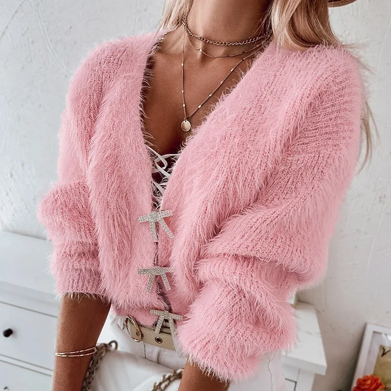 

2023 Butterfly Knot Diamond Buckle Imitation Mink Fleece Short Knitted Cardigan For Women