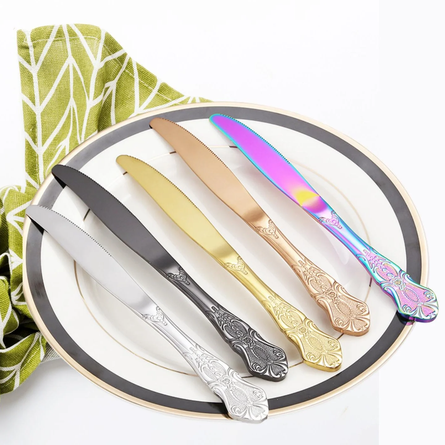 Baroque Stainless Steel Dinner Knives Set For 6 People Vintage Gold Mirror Table Knives Gorgeous Silverware Knives Cutlery Set