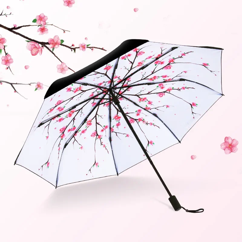 Ladies Sakura Umbrella Women Black Coating Cherry Blossom Parasol Rain Sun Umbrellas 3 Folding 8K UV Umbrella Paraguas Mujer