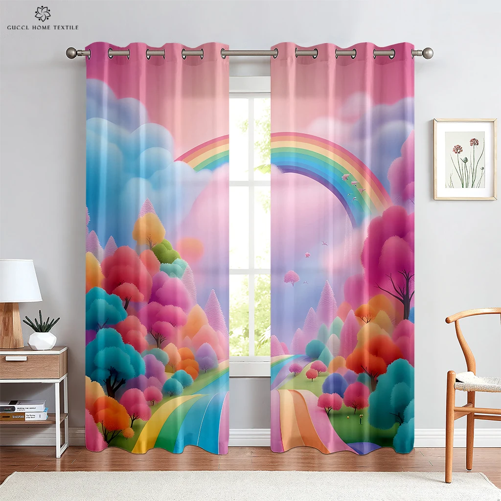 Window Curtains with Colorful Butterfly, Rainbow, Fantasy Print, Girls Room, Living Room, Balcony Decoration, Can Be Customized