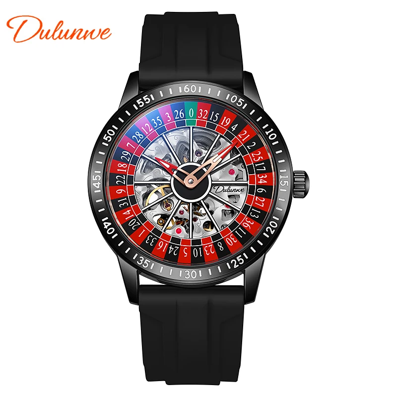 Men\'s hollowed out fully automatic mechanical watch with rotating dial, men\'s luminous waterproof silicone tape fashion watch