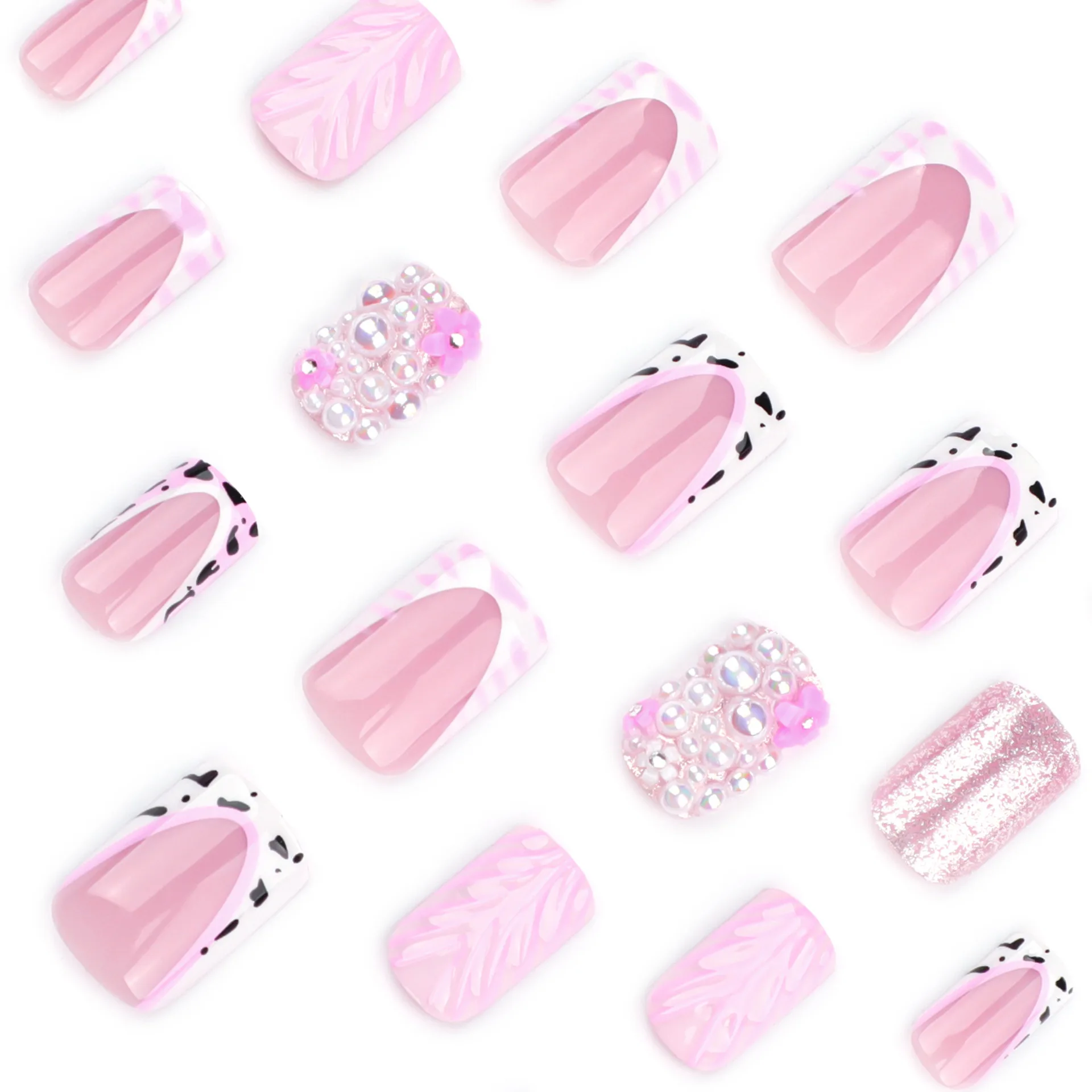 24 Stück mittelgroße Sargnägel zum Aufdrücken: 3D-Rosa-Wasserwellen mit hochglänzendem Glitzer, Perlen und roten Blumen